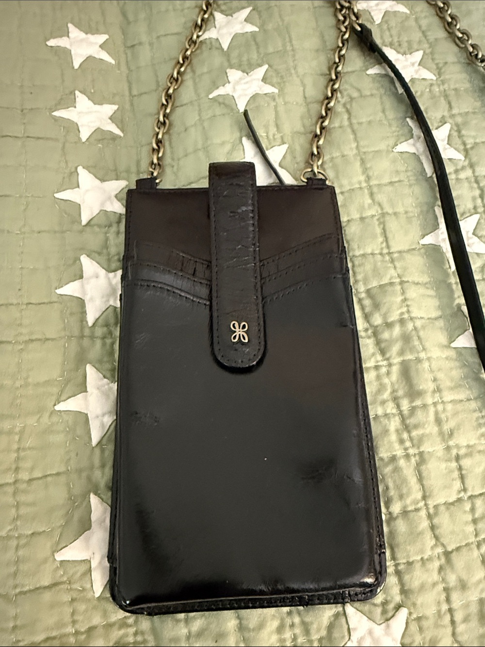 HOBO Black Leather Crossbody Phone Bag with Gold Chain Strap